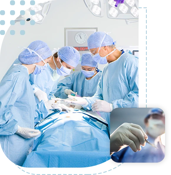 A team of surgeons wearing surgical suits while performing an operation in a fully quipped operating room
